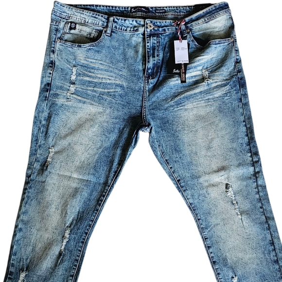 Men's Blue Slim Taper Fit Distressed Jeans with Fading - Picture 2 of 11